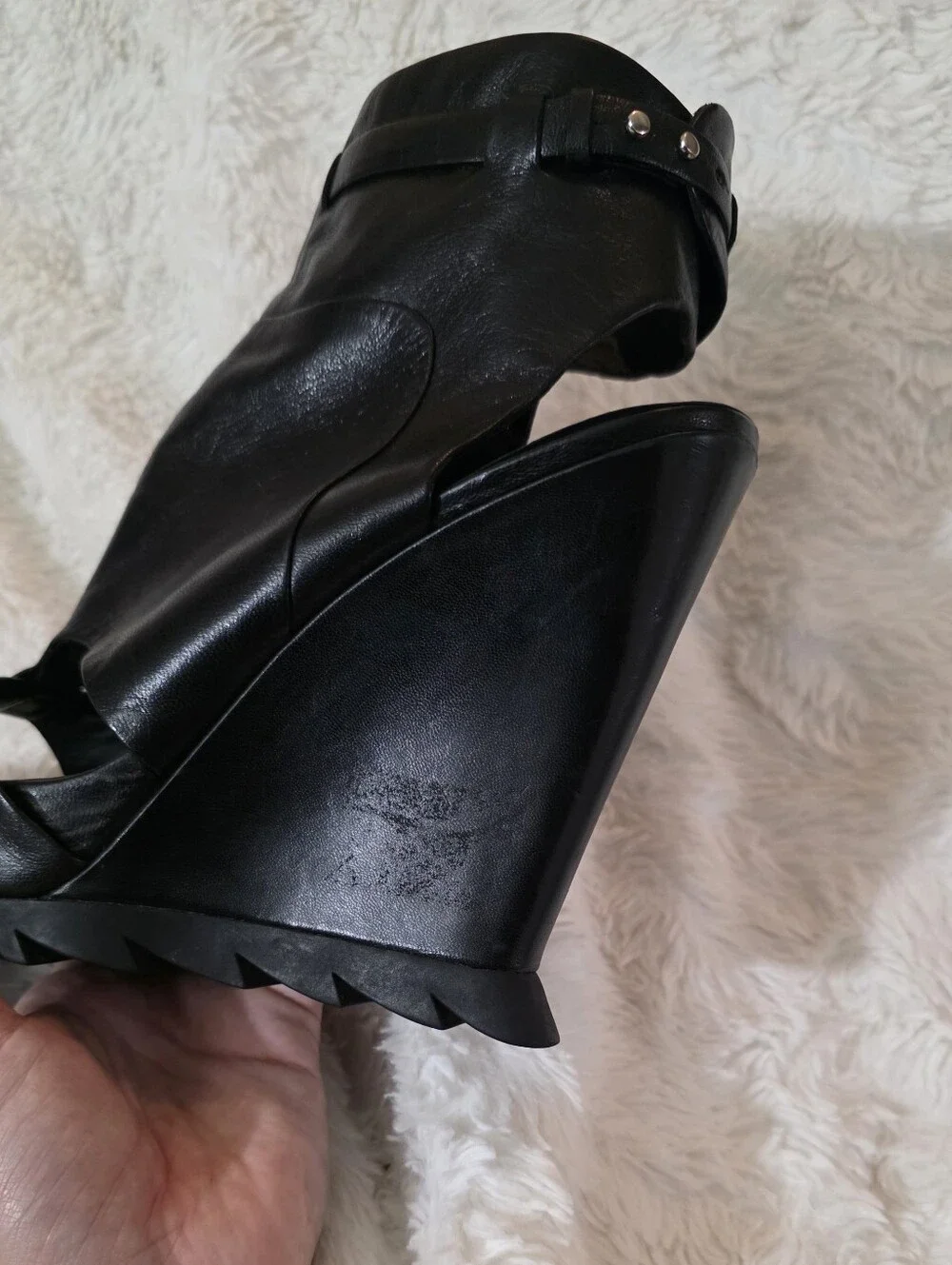 Camilla Skovgaard Black Leather Sawtooth Wedge Sandals Open Toe 39.5